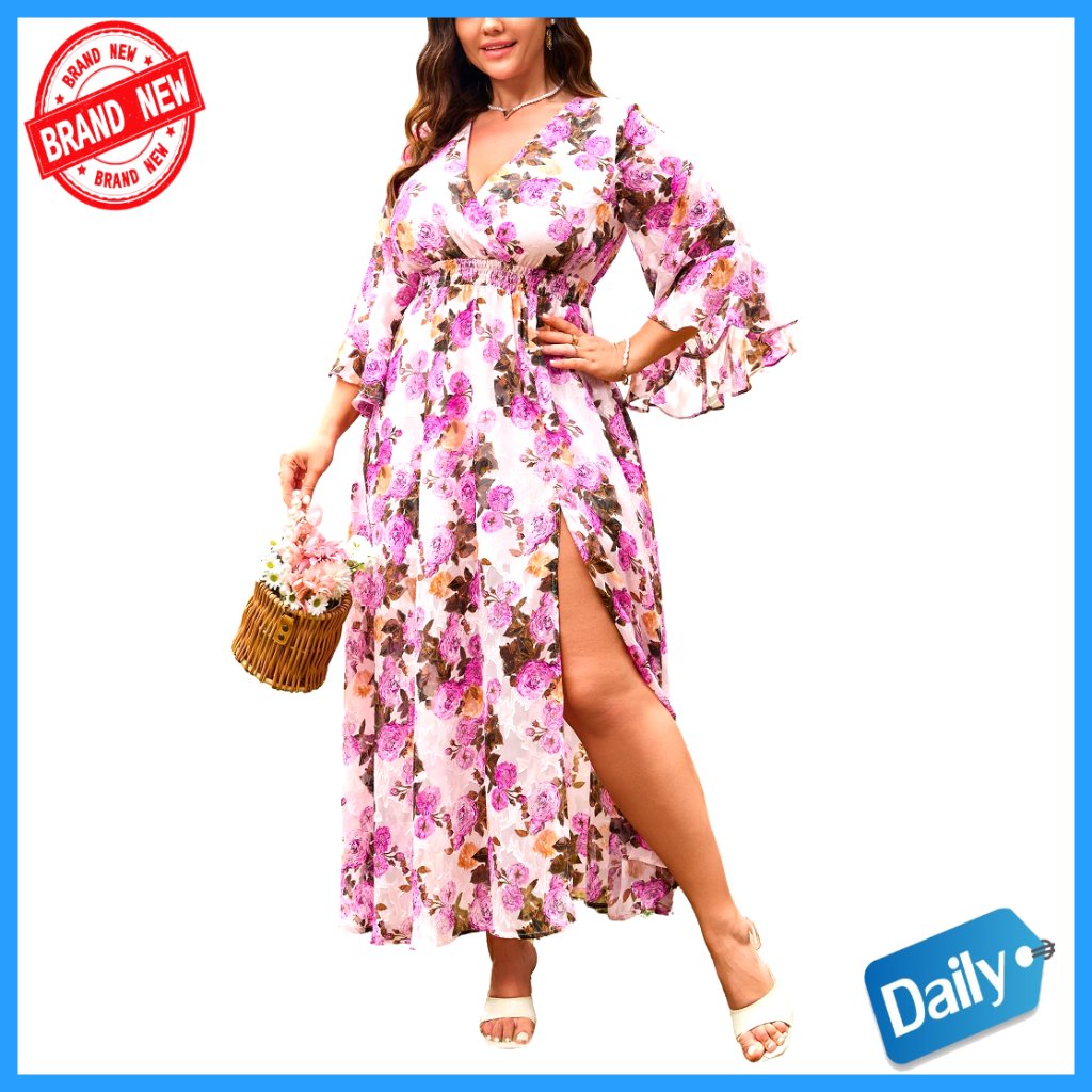 Flowy Maxi Dress Ruffle Bell Sleeves V Neck Empire Waist Formal Wedding Guest